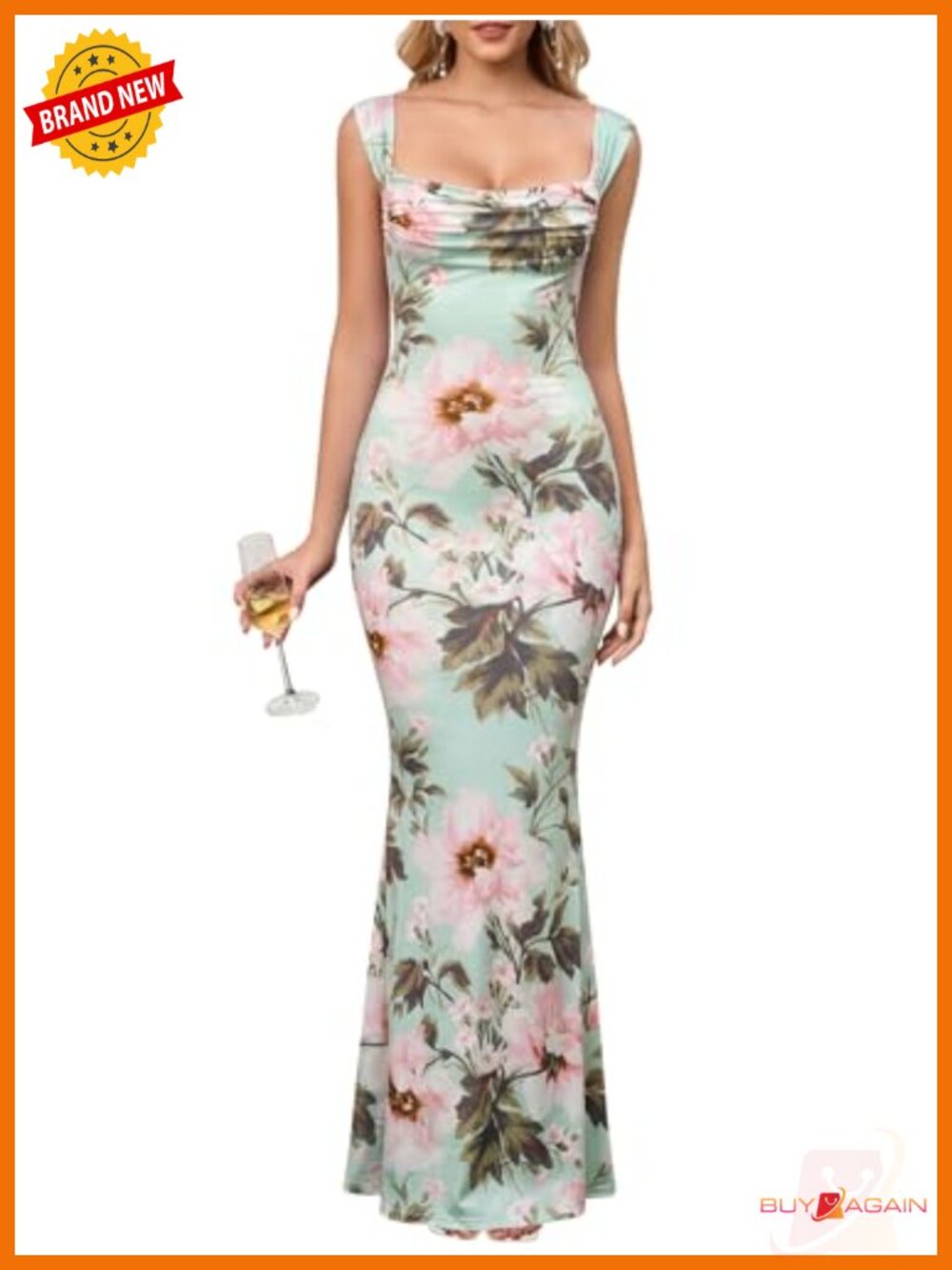HTZMO Women Floral Bodycon Maxi Dress Cowl Neck Wedding Guest Formal